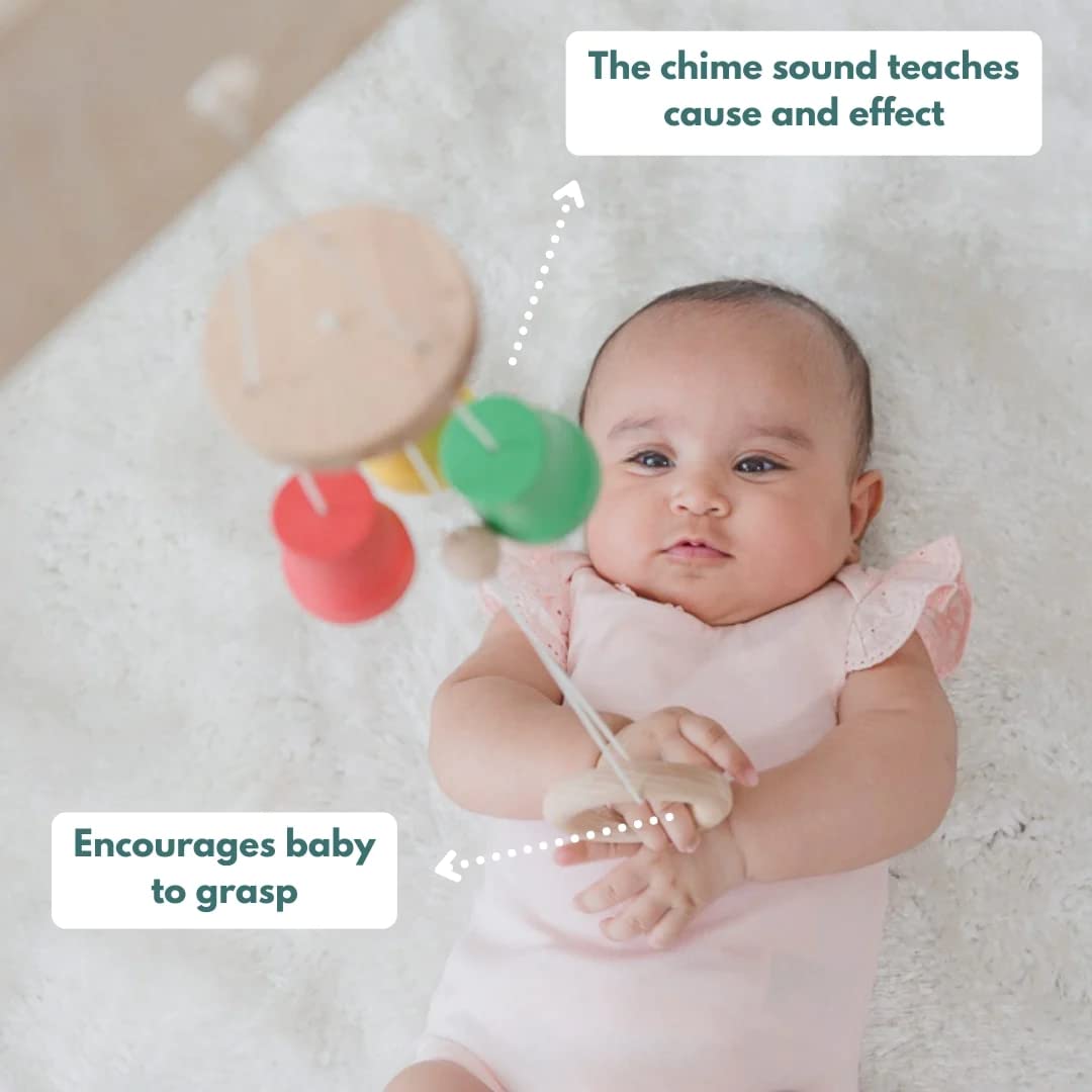 the chime sound teaches cause and effect, encourages baby to grasp