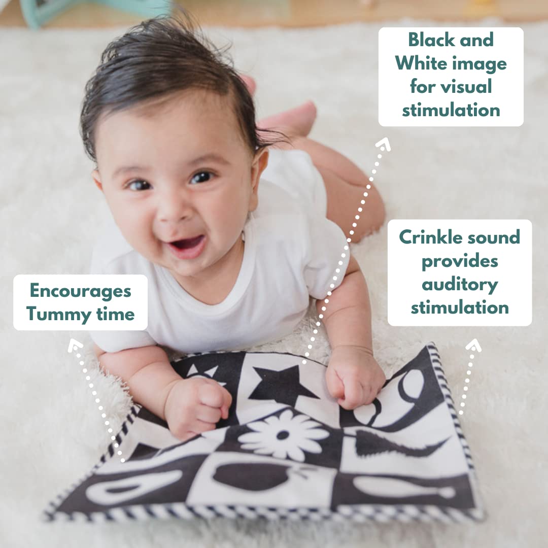 Encourages tummy time, black and white image for visual stimulation, crinkle sound provides auditory stimulation